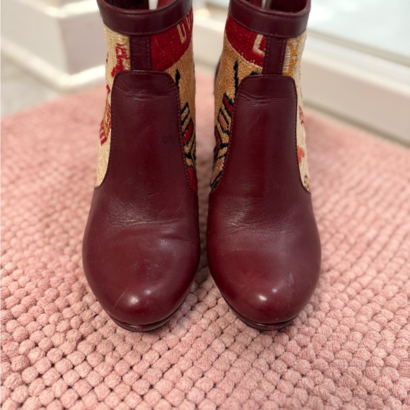 SHANS Amsterdam silk and leather ankle boots BOOTIES Burgundy and Cream - Picture 2 of 7